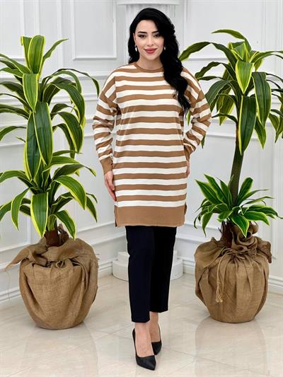 Çizgili Bisiklet Yaka Tunik 140134 T-24 Vizon