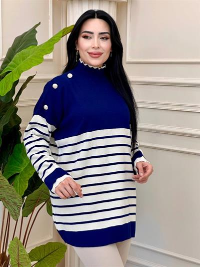 Çizgili Düğmeli Triko Tunik 5290 t-24 Lacivert