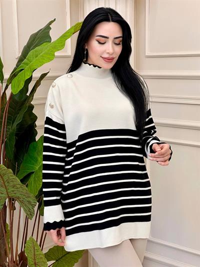 Çizgili Düğmeli Triko Tunik 5290 t-24 Ekru