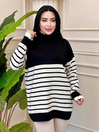 Çizgili Düğmeli Triko Tunik 5290 t-24 Siyah