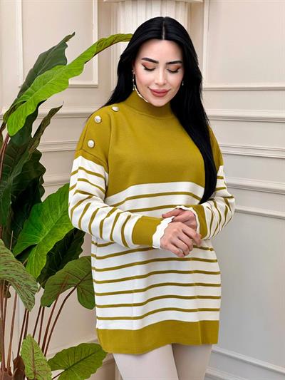 Çizgili Düğmeli Triko Tunik 5290 t-24 Yağ Yeşili