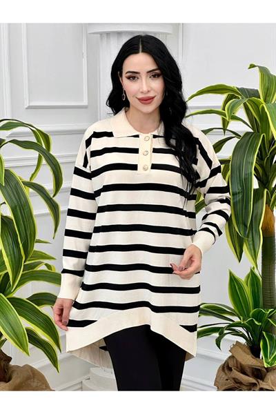 Çizğili Gömlek Yaka Tunik 14855 Ekru
