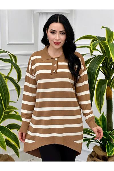 Çizğili Gömlek Yaka Tunik 14855 Kahverengi