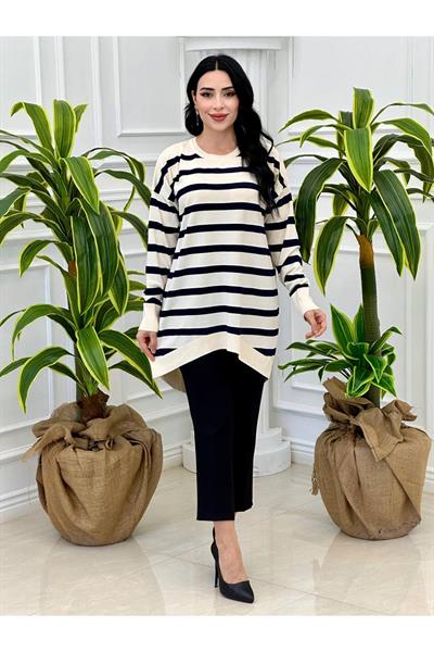 Çizğili Oversize Tunik 14854 Ekru