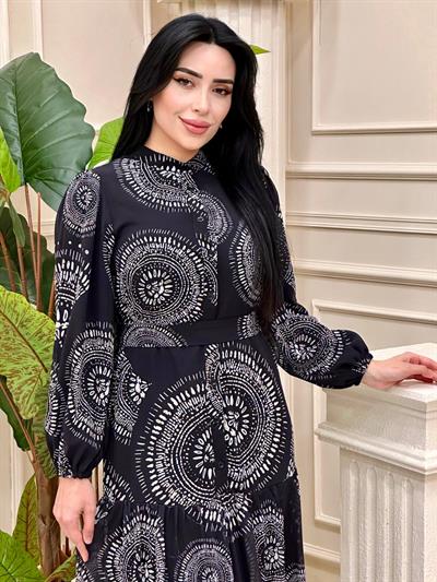 Daire Desen Şifon Elbise 12538 T-24 Siyah