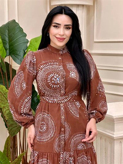 Daire Desen Şifon Elbise 12538 T-24 Taba