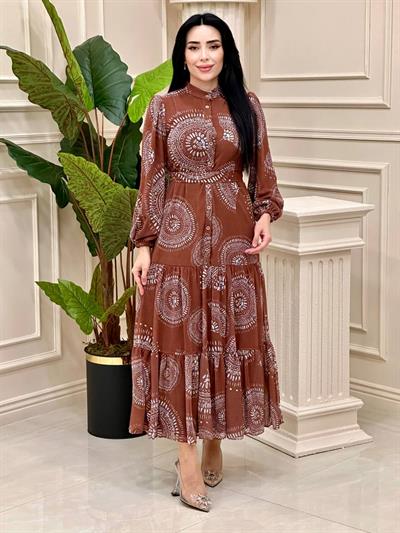 Daire Desen Şifon Elbise 12538 T-24 Taba