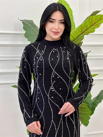 Dalga Taş İşleme Krep Elbise 998 e-25 Siyah