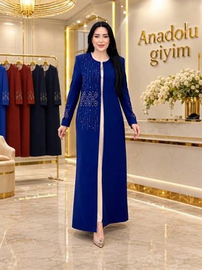 Damla Taş İşleme Abaya Elbiseli Takım 2181 T-26 Saks