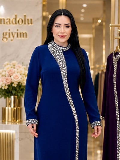 Damla Taş İşleme Krep Elbise 3002 e-25 Saks