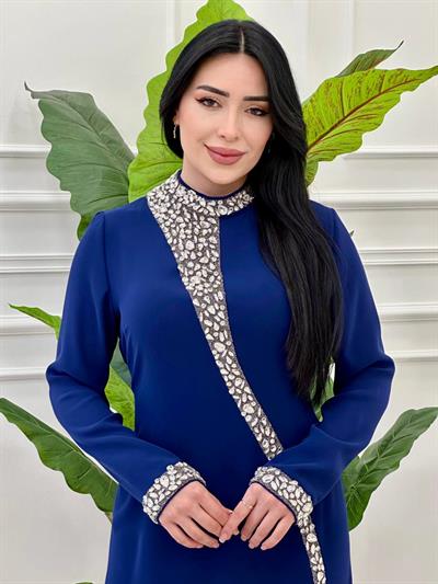 Damla Taş İşleme Krep Elbise 3002 e-25 Saks