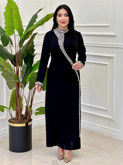 Damla Taş İşleme Krep Elbise 3002 e-25 Siyah