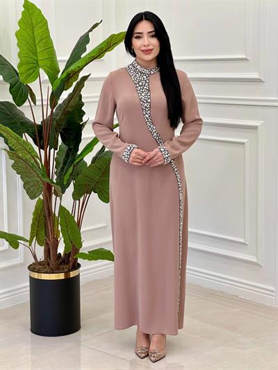 Damla Taş İşleme Krep Elbise 3002 e-25 Bej
