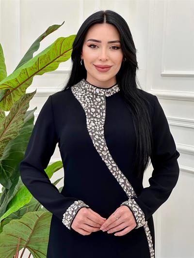 Damla Taş İşleme Krep Elbise 3002 e-25 Siyah