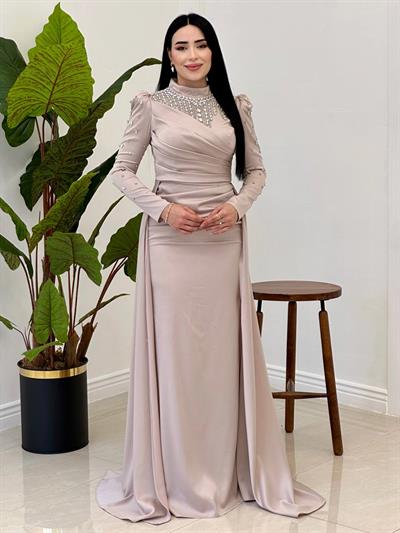Damla Taş İşleme Saten Abiye 25112 Bej