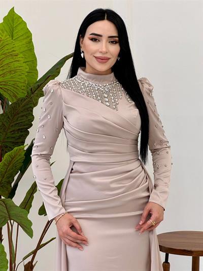 Damla Taş İşleme Saten Abiye 25112 Bej