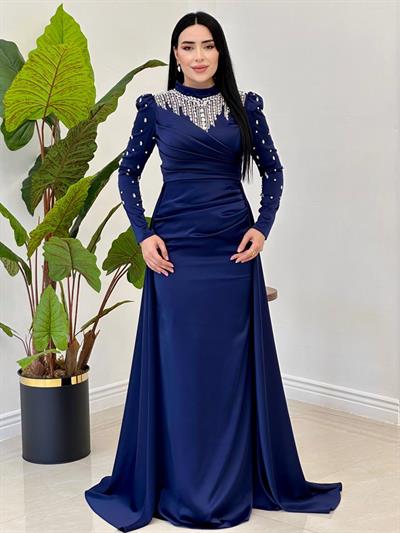 Damla Taş İşleme Saten Abiye 25112 Lacivert