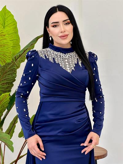 Damla Taş İşleme Saten Abiye 25112 Lacivert