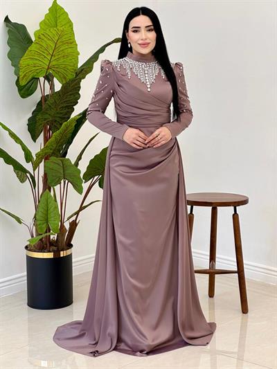 Damla Taş İşleme Saten Abiye 25112 Rose