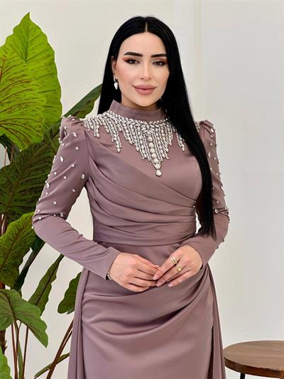 Damla Taş İşleme Saten Abiye 25112 Rose