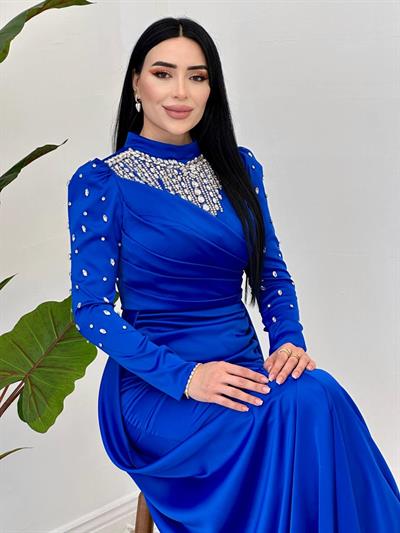 Damla Taş İşleme Saten Abiye 25112 Saks
