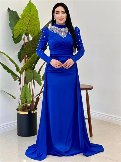 Damla Taş İşleme Saten Abiye 25112 Saks