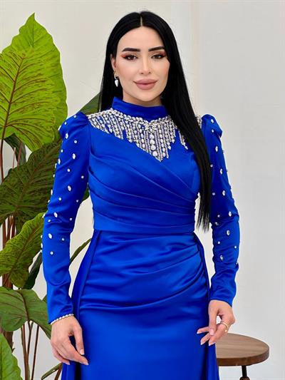 Damla Taş İşleme Saten Abiye 25112 Saks