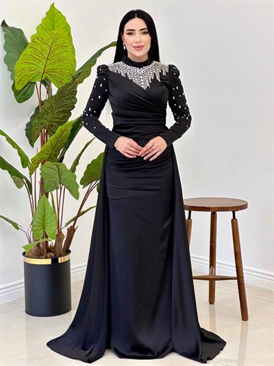 Damla Taş İşleme Saten Abiye 25112 Siyah