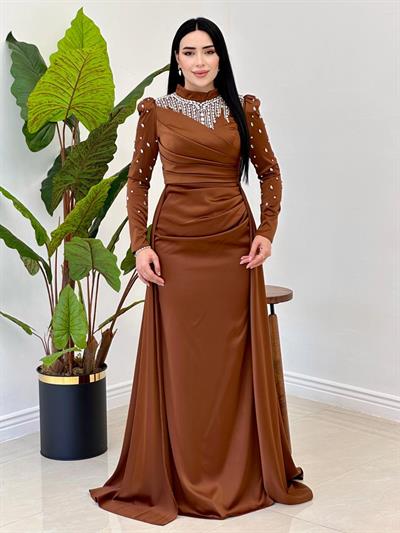 Damla Taş İşleme Saten Abiye 25112 Taba