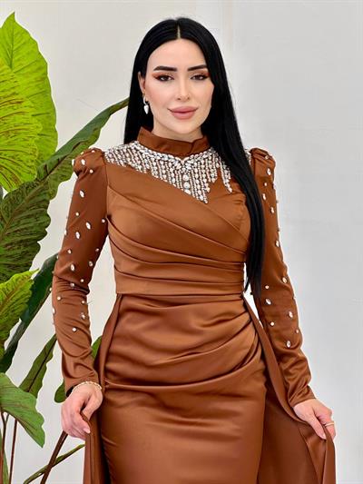 Damla Taş İşleme Saten Abiye 25112 Taba