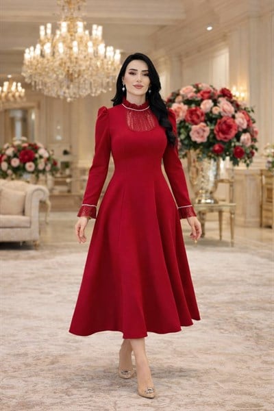 Dantel Detay Elbise 7121 T-26 Bordo