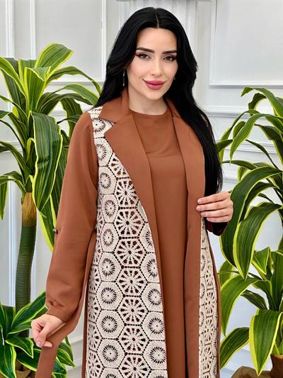 Dantel Detay Üçlü Takım 6134 t-24 Taba