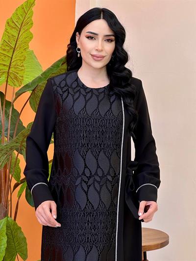 Dantelli Taşlı Pardesü 8245 T-25 Siyah