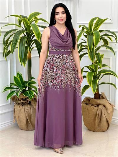 Degaje Yaka Çiçek Desen Şifon Elbise 4154 t-24 Leylak