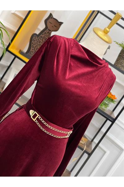 Degaje Yaka Kadife Elbise 3694 Bordo