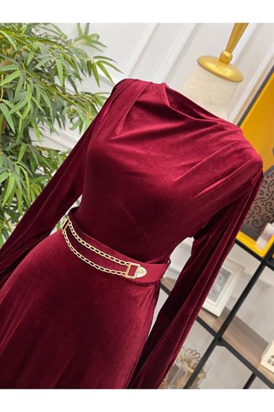Degaje Yaka Kadife Elbise 3694 Bordo