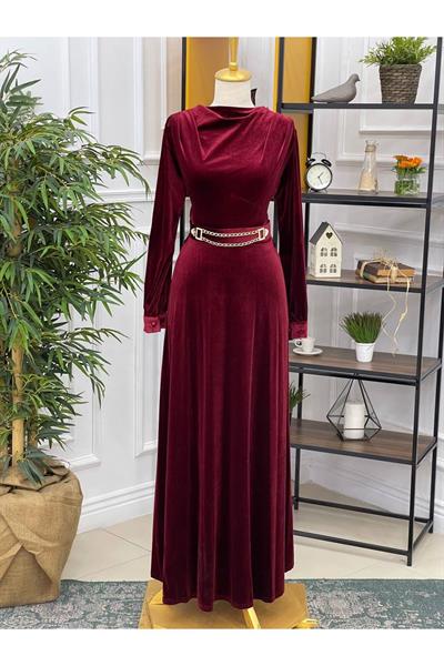 Degaje Yaka Kadife Elbise 3694 Bordo