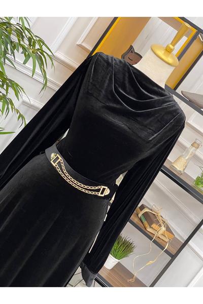 Degaje Yaka Kadife Elbise 3694 Siyah