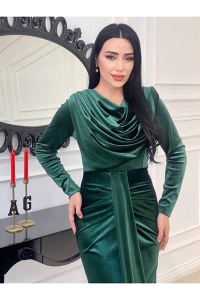 Degaje Yaka Kadife Elbise 4247 Zümrüt Yeşil