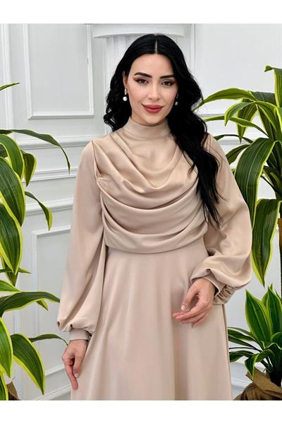 Degaje Yaka Saten Elbise 9365 Bej