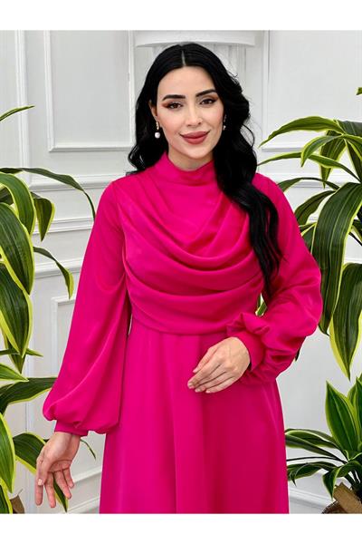 Degaje Yaka Saten Elbise 9365 Fuşya