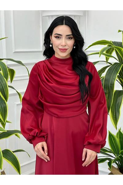 Degaje Yaka Saten Elbise 9365 Kırmızı