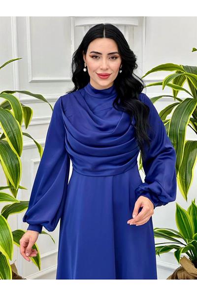 Degaje Yaka Saten Elbise 9365 Mavi