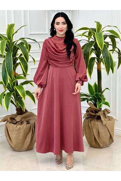 Degaje Yaka Saten Elbise 9365 Rose