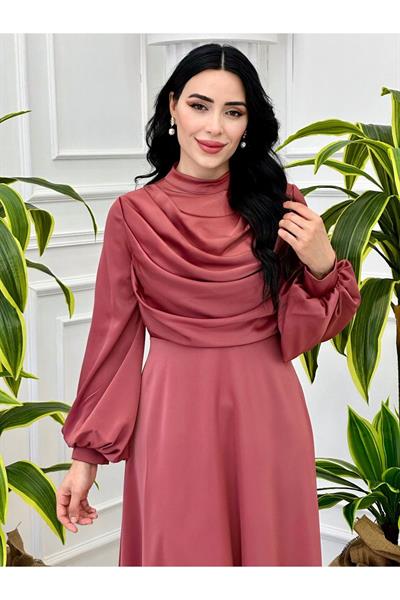 Degaje Yaka Saten Elbise 9365 Rose
