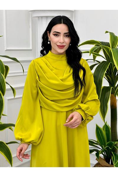 Degaje Yaka Saten Elbise 9365 Sarı
