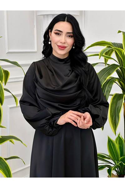 Degaje Yaka Saten Elbise 9365 Siyah