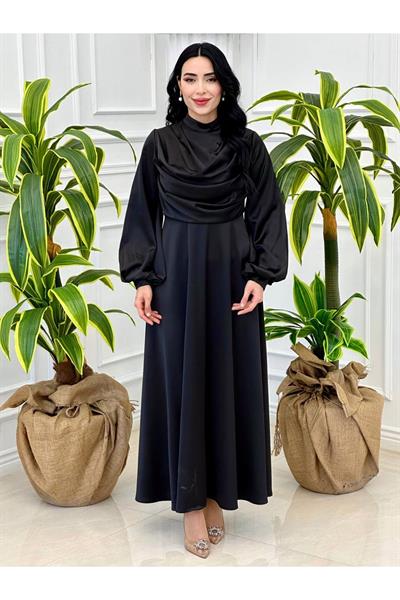 Degaje Yaka Saten Elbise 9365 Siyah