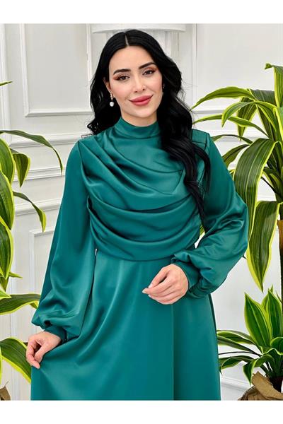 Degaje Yaka Saten Elbise 9365 Yeşil