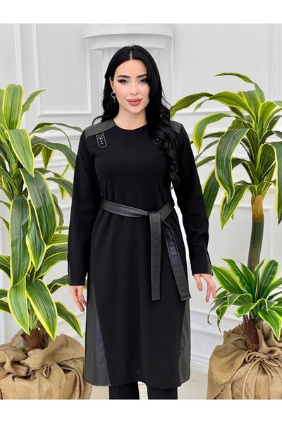 Deri Bağçıklı Tunik 1378 Siyah